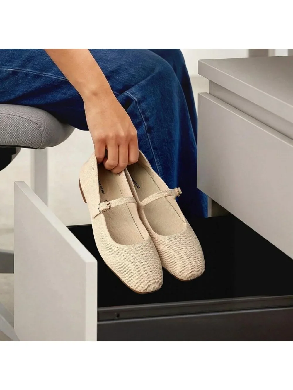Women's Nude Knit Mary Jane Square Toe Stretchy Buckle Ballet Flats Casual Shoes